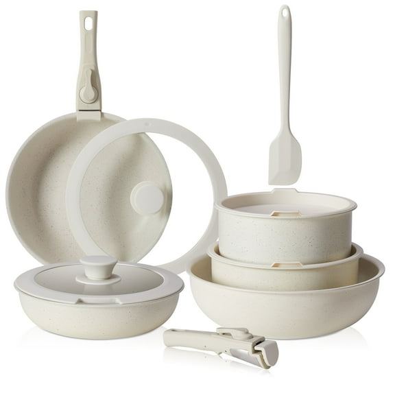edx 12pcs Non-Stick Cookware Set, Pots and Pans Set with Detachable Handle for Kitchen, Beige