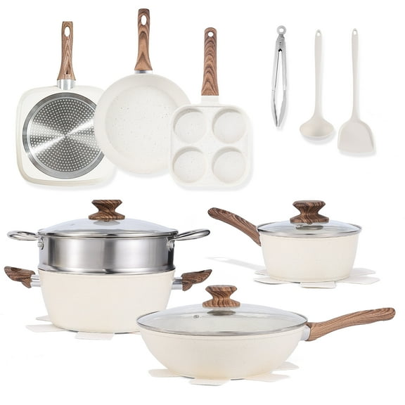 edx 17pcs Non-Stick Cookware Set, Pots and Pans Set with Detachable Handle for Kitchen, Beige