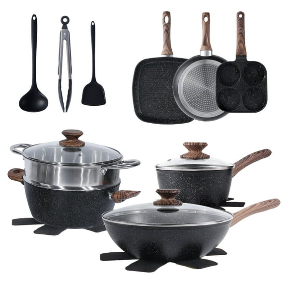 edx 17pcs Non-Stick Cookware Set, Pots and Pans Set with Detachable Handle for Kitchen, Black