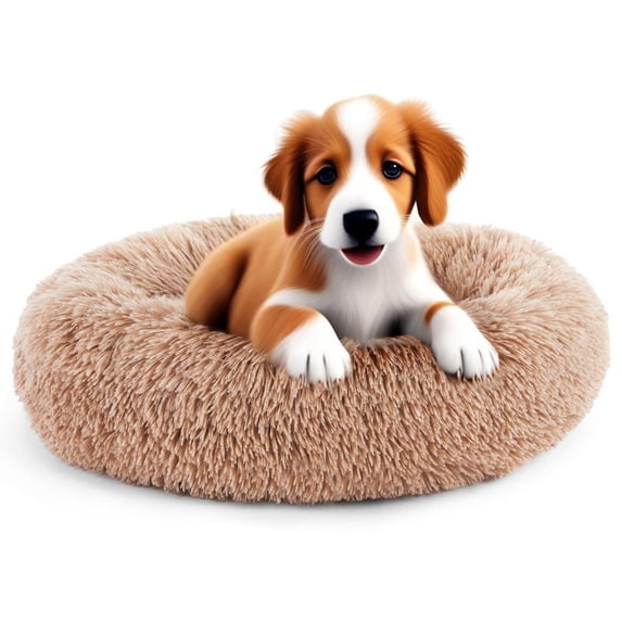 edx 24 Inch Fluffy Dog Bed, Cat Calming Bed, Round Plush Bed, Machine Washable, Brown