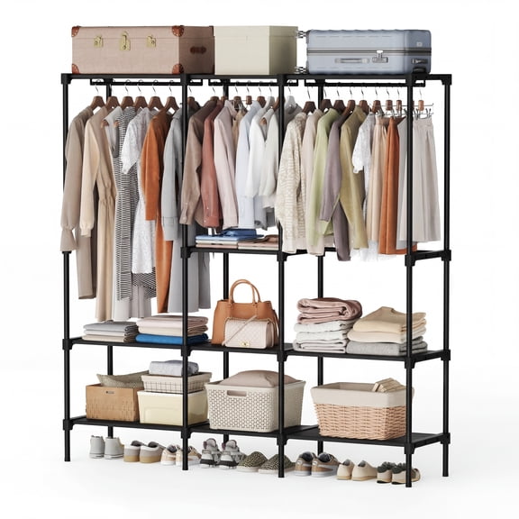 edx 3-Column Portable Closet Wardrobe, 72 Inch Black Heavy Duty Clothes Storage Organizer with Hanging Rods and Shelves for Bedroom, Living Room, Entryway