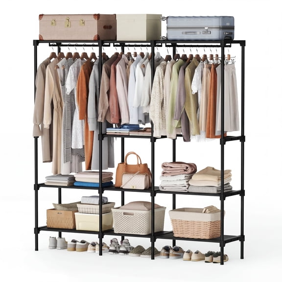 edx 3-Column Portable Closet Wardrobe, 72 inch Heavy Duty Clothes Storage Organizer with Hanging Rods and Shelves for Bedroom, Living Room, Entryway,Black