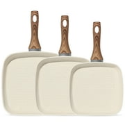 EDX 3 Piece Nonstick Grill Pans, Square Frying Pans Set with Stay Cool Handle ,for Indoor Outdoor RV Camping Cooking, Beige