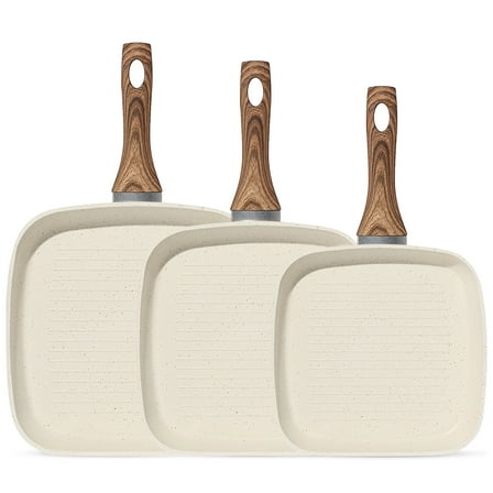 EDX 3 Piece Nonstick Grill Pans, Square Frying Pans Set with Stay Cool Handle ,for Indoor Outdoor RV Camping Cooking, Beige
