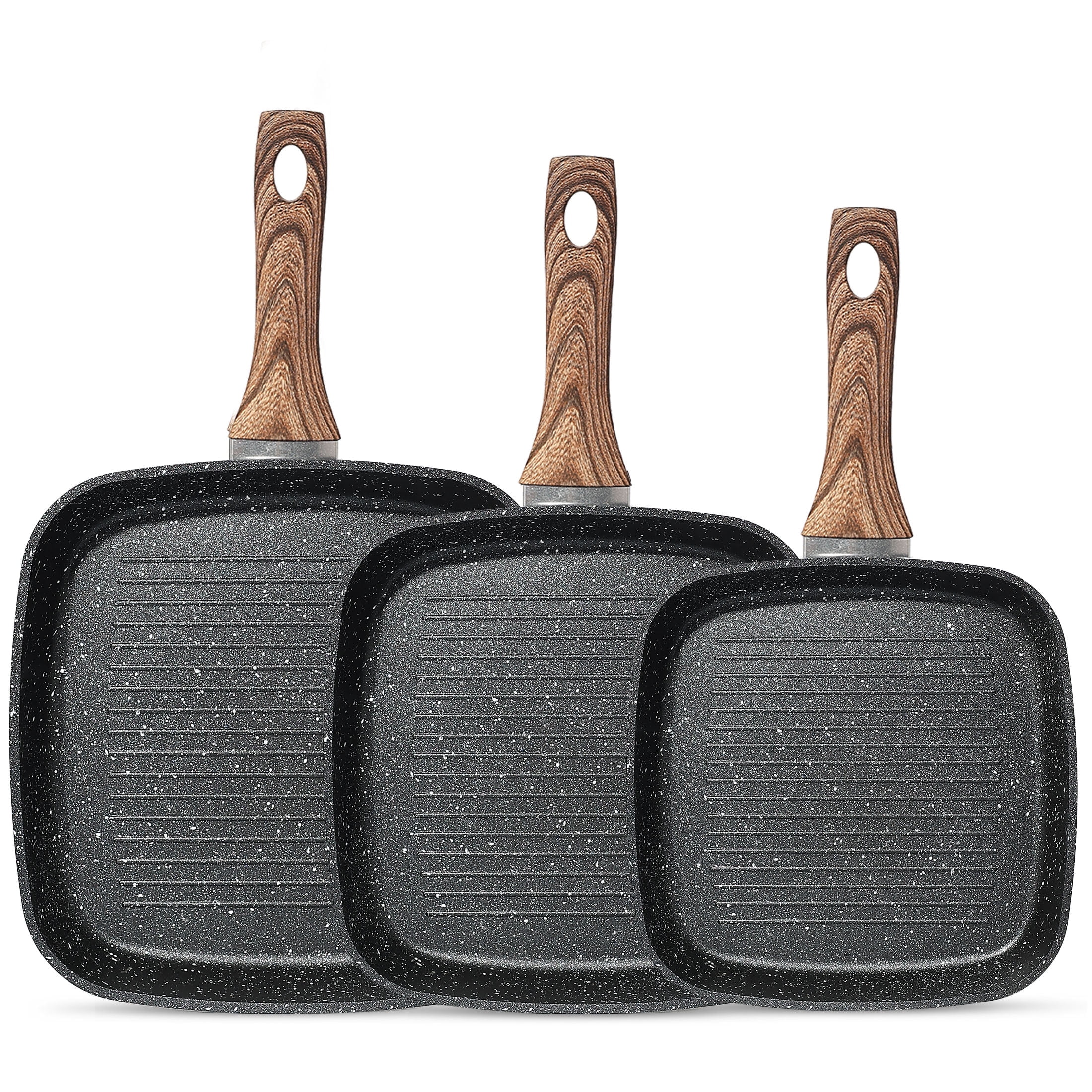 EDX 3 Piece Nonstick Grill Pans, Square Frying Pans Set with Stay Cool Handle ,for Indoor Outdoor RV Camping Cooking, Black