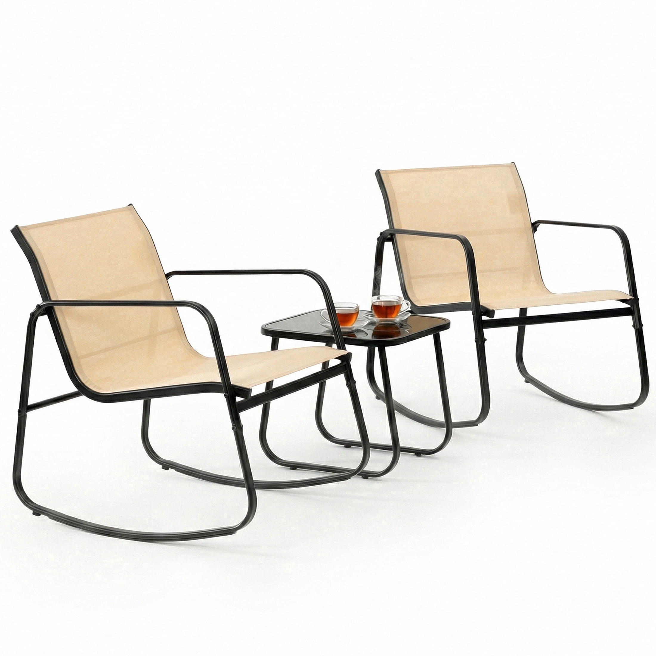 edx 3-Piece Outdoor Rocking Bistro Set with Glass Table Perfect for Poolside, Porch & Lawn, Brown