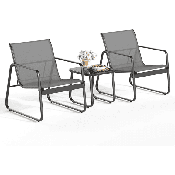 edx 3-Piece Outdoor Rocking Bistro Set with Glass Table Perfect for Poolside, Porch & Lawn, Gray