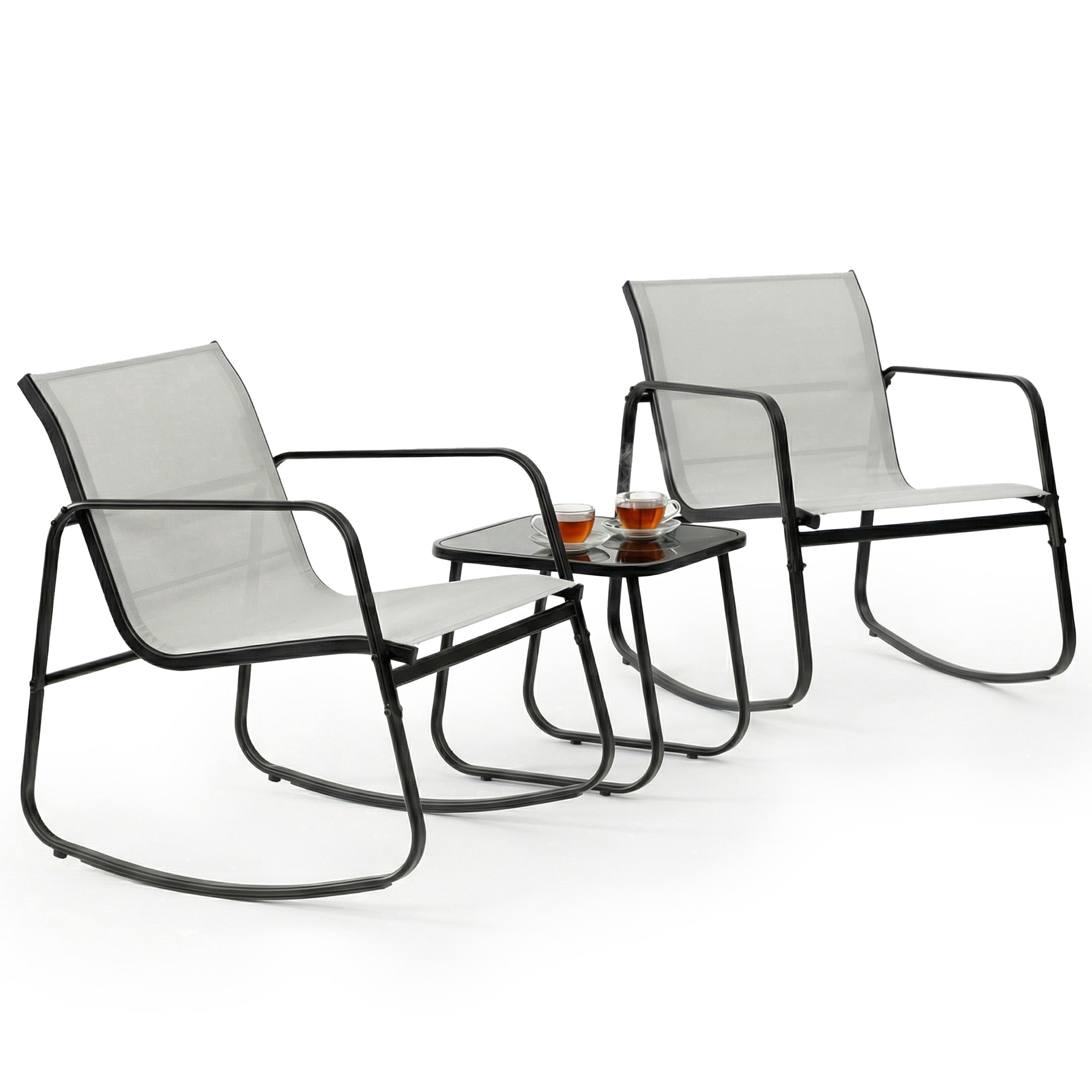edx 3-Piece Outdoor Rocking Bistro Set with Glass Table Perfect for Poolside, Porch & Lawn, Gray