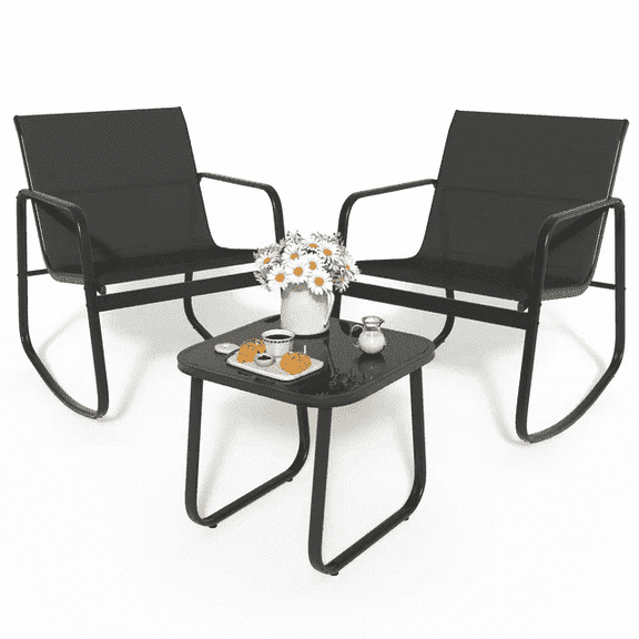 edx 3-Piece Textilene Outdoor Patio Set, Coffee Table & 2 Rocking Chairs, Black