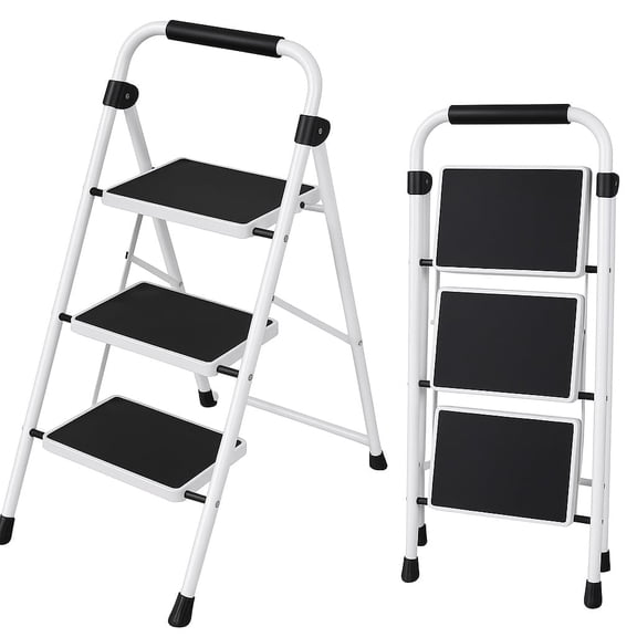 edx 3-Step Folding Step Stool for Adults - 330 Lbs Capacity, Sturdy Steel Frame, Wide Non-Slip Pedal & Top Handrail, Lightweight Portable Ladder for Home Kitchen, Black