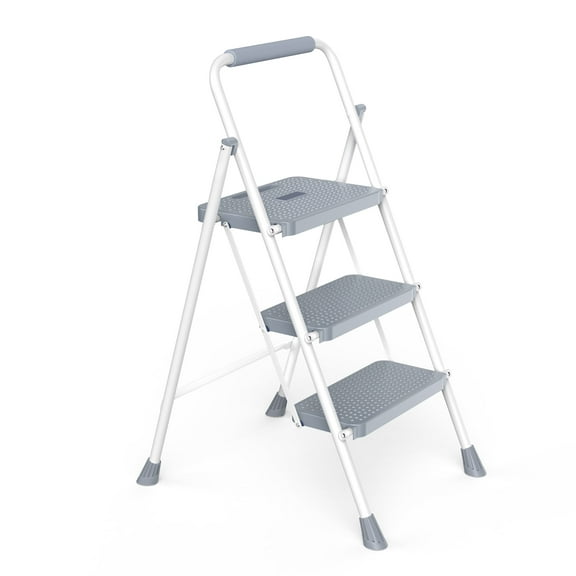 edx 3 Step Ladder, Portable Folding Step Stool Heavy Duty, Anti-Slip, Lightweight 800Lbs Capacity, For Kitchen, Garage & Outdoor Use, Gray-White