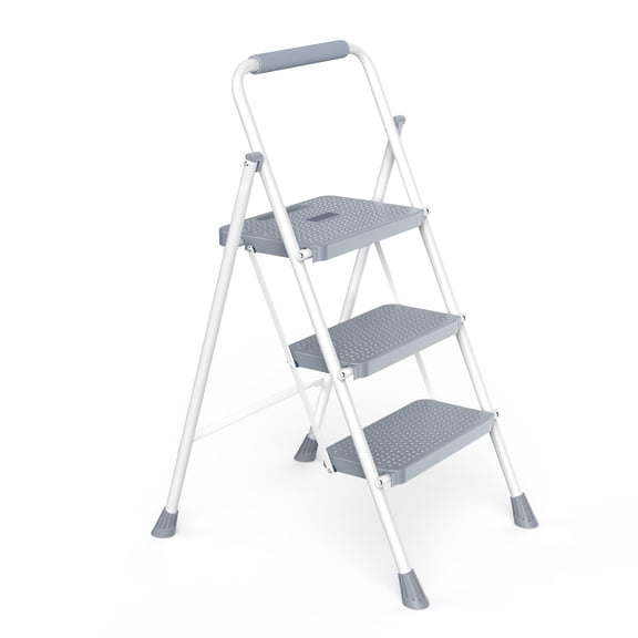 edx 3 Step Ladder, Portable Folding Step Stool Heavy Duty, Anti-Slip, Lightweight 800Lbs Capacity, For Kitchen, Garage & Outdoor Use, Gray-White