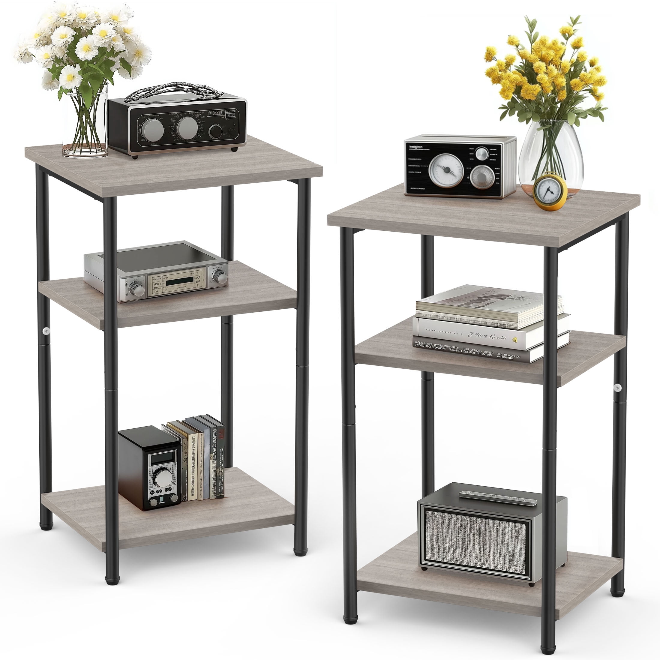 edx 3-Tier End Table, Nightstand, Storage Shelf for Living Room, Bedroom, Grey,11.81"W x 13.39"D x 22.8"H