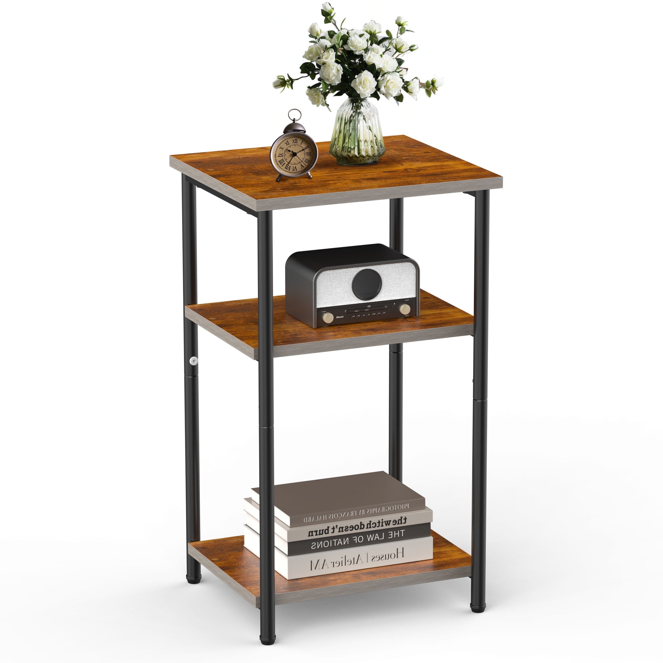 edx 3-Tier End Table, Nightstand, Storage Shelf for Living Room, Bedroom, Rust Brown,11.81"W x 13.39"D x 22.8"H