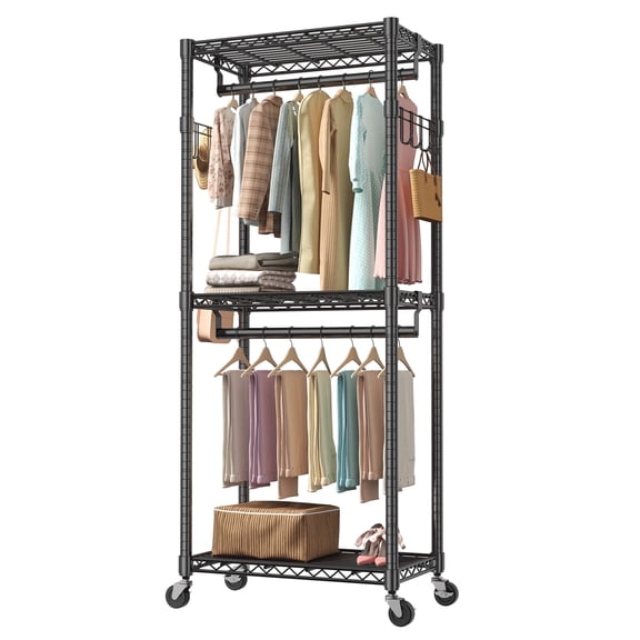 edx 3 Tier Heavy Duty Rolling Garment Rack with Lockable Rollers,Freestanding Clothing Rack,Black,29.92"W x 13.39"D x 74.41"H