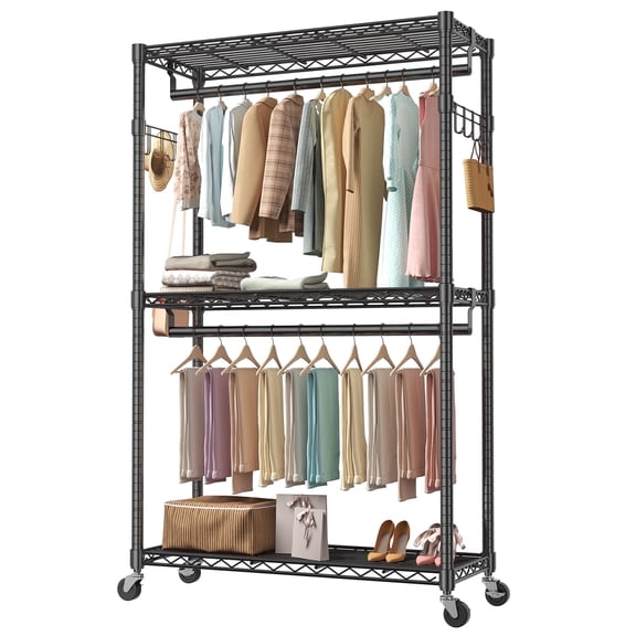 edx 3 Tier Heavy Duty Rolling Garment Rack with Lockable Rollers,Freestanding Clothing Rack,Black,46.46"W x 17.91"D x 80.71"H