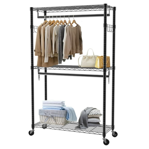 edx 3 Tier Heavy Duty Rolling Garment Rack with Lockable Rollers,Freestanding Clothing Rack,Black,47.24"W x 17.72"D x 80.32"H