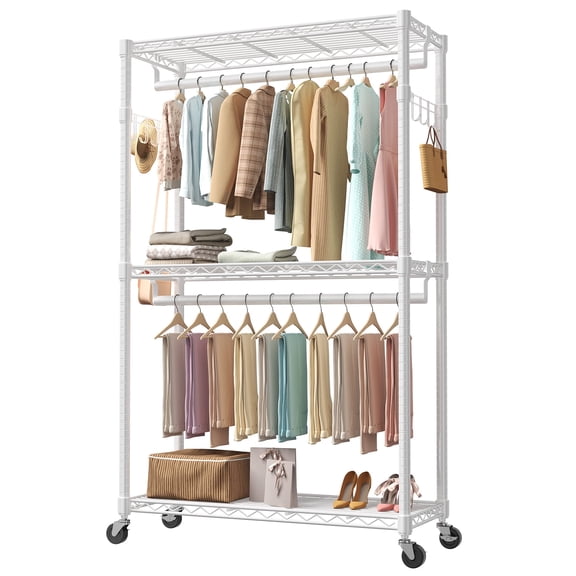 edx 3 Tier Heavy Duty Rolling Garment Rack with Lockable Rollers,Freestanding Clothing Rack,White,46.46"W x 17.91"D x 80.71"H