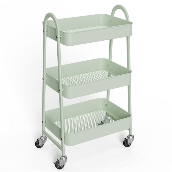 edx 3 Tier Rolling Cart, Metal Utility Cart Storage Organizer with Lockable Casters, Multi-Functional Mesh Rolling Storage Cart for Kitchen Office, Green