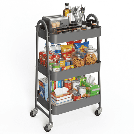 edx 3 Tier Rolling Cart, Metal Utility Storage Cart with Lockable Wheels for Livingroom, Bathroom, Kitchen & Narrow Spaces,Gray