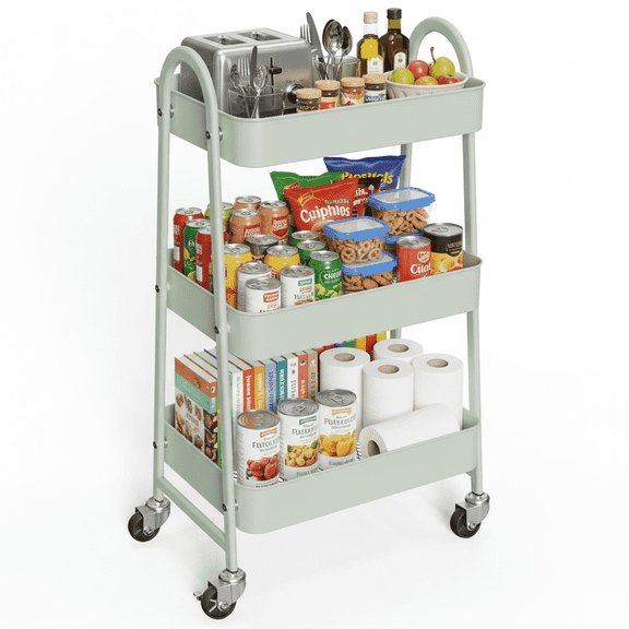 edx 3 Tier Rolling Cart, Metal Utility Storage Cart with Lockable Wheels for Livingroom, Bathroom, Kitchen & Narrow Spaces,Green
