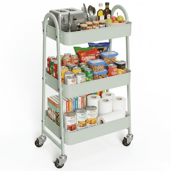 edx 3 Tier Rolling Cart, Metal Utility Storage Cart with Lockable Wheels for Livingroom, Bathroom, Kitchen & Narrow Spaces,Green