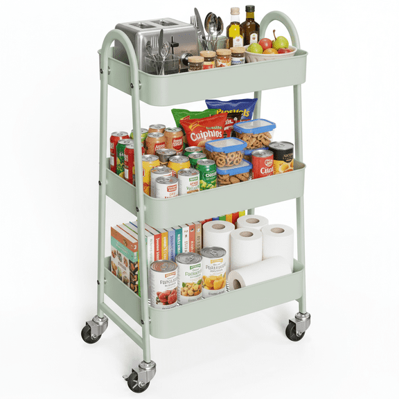 edx 3 Tier Rolling Cart, Metal Utility Storage Cart with Lockable Wheels for Livingroom, Bathroom, Kitchen & Narrow Spaces,Green