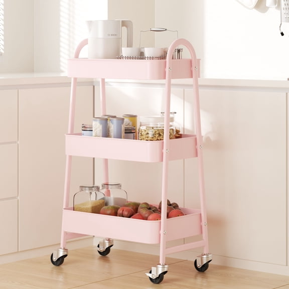 edx 3 Tier Rolling Cart, Metal Utility Storage Cart with Lockable Wheels for Livingroom, Bathroom, Kitchen & Narrow Spaces,Pink
