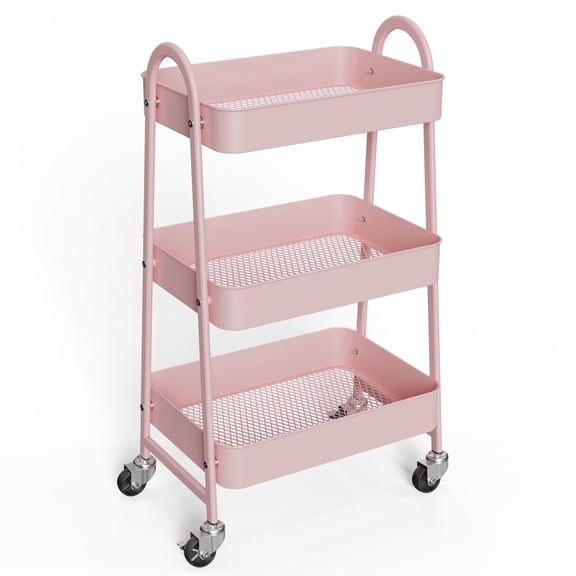 edx 3 Tier Rolling Cart, Metal Utility Storage Cart with Lockable Wheels for Livingroom, Bathroom, Kitchen & Narrow Spaces,Pink