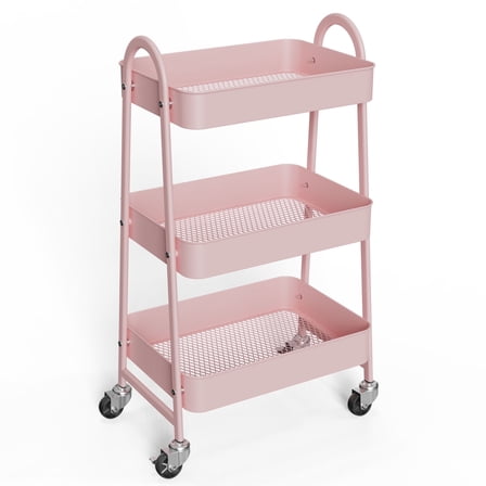 edx 3 Tier Rolling Cart, Metal Utility Storage Cart with Lockable Wheels for Livingroom, Bathroom, Kitchen & Narrow Spaces,Pink