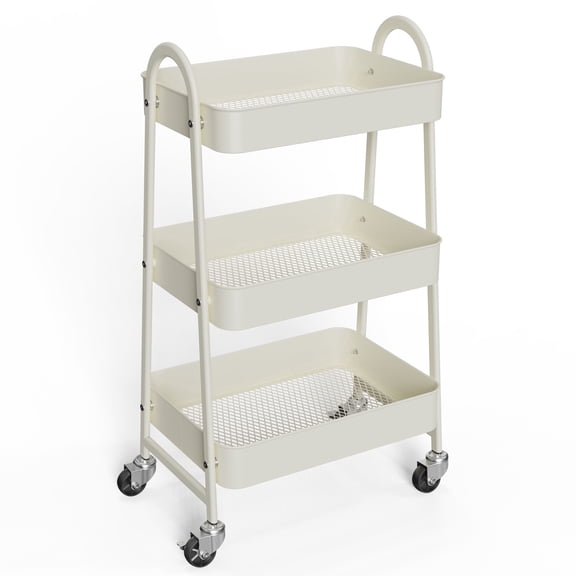 edx 3 Tier Rolling Cart, Metal Utility Storage Cart with Lockable Wheels for Livingroom, Bathroom, Kitchen & Narrow Spaces,White