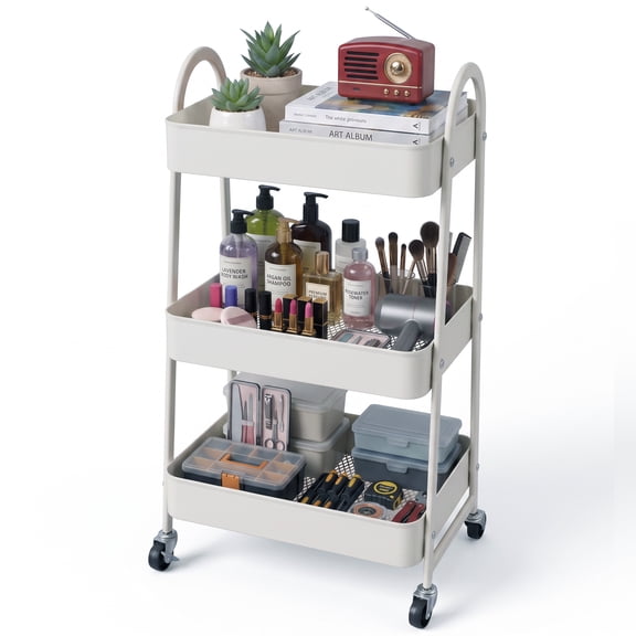 edx 3 Tier Rolling Cart, Metal Utility Storage Cart with Lockable Wheels for Livingroom, Bathroom, Kitchen & Narrow Spaces,White