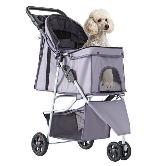 edx 3 Wheels Pet Stroller, Dog and Cat Strollers, With Storage Basket and Cup Holder, Lightweight Travel Carrier, Breathable Mesh, Waterproof and Foldable for Small Pets Outdoor Walk, Gray