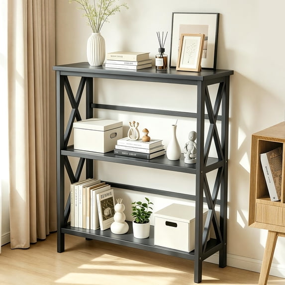 edx 3-Tier Metal Wall Mounted Bookshelf, Drill-Free Open Bookcase for Home Office/Study, Matte Finish Storage Shelves, Black