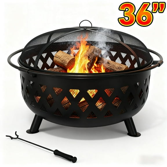 edx 36" Outdoor Round Wood Burning Fire Pit with Spark Screen & Poker, Portable Steel Fire Bowl for Backyard, Patio, Bonfire, Camping, and Picnic