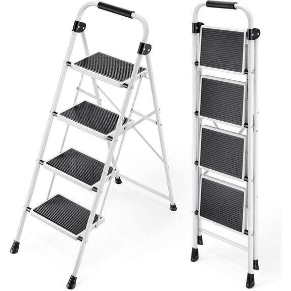edx 4-Step Folding Step Stool for Adults - 330 Lbs Capacity, Sturdy Steel Frame, Wide Non-Slip Pedal & Top Handrail, Lightweight Portable Ladder for Home Kitchen, Black