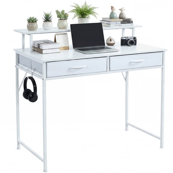 edx 40" Computer Desk with 2 Drawers & Hooks, Compact Home Office Working Table for Small Spaces, White
