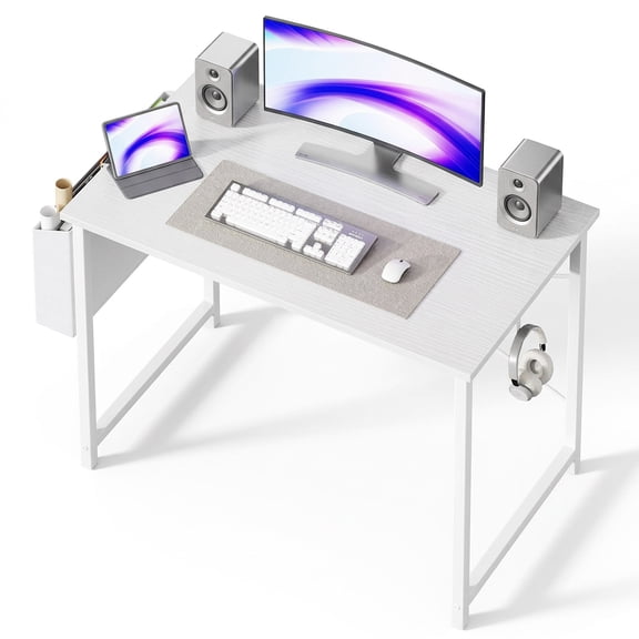 edx 40" Home Office Desk for Small Spaces, Computer Desk with Storage Bag & Hook, Modern Simple Style Study Writing Table for Bedroom, White