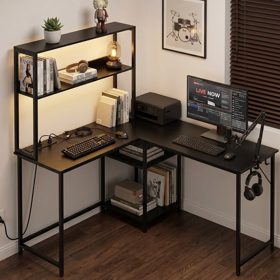 edx 43 Inch L shaped computer desk with RGB LED Light,Black