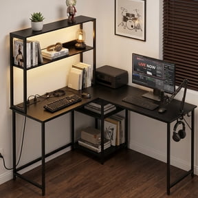 edx L Shaped Computer Desk with Power Outlet & RGB, 43 Inch Corner Desk with 3 AC Outlets, USB and Type-C Ports, Gaming Desk Workstation with Storage Shelf for for Home Office and Study, Black