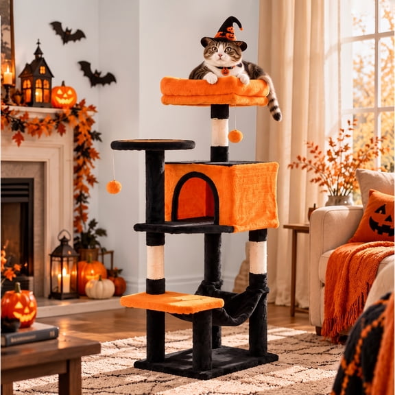 edx 44" Halloween Multi‑Level Cat Tree, Cat Tower with Natural Sisal Scratching Posts, 4 Spacious Tiers & Hanging Toy for 1‑2 Cats & Active Cats, Black‑Orange