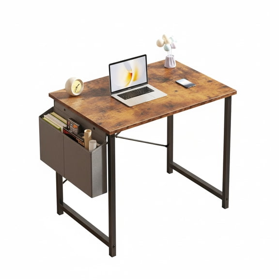 edx 44" Home Office Desk for Small Spaces, Computer Desk with Storage Bag & Hook, Modern Simple Style Study Writing Table for Bedroom, Rustic Brown