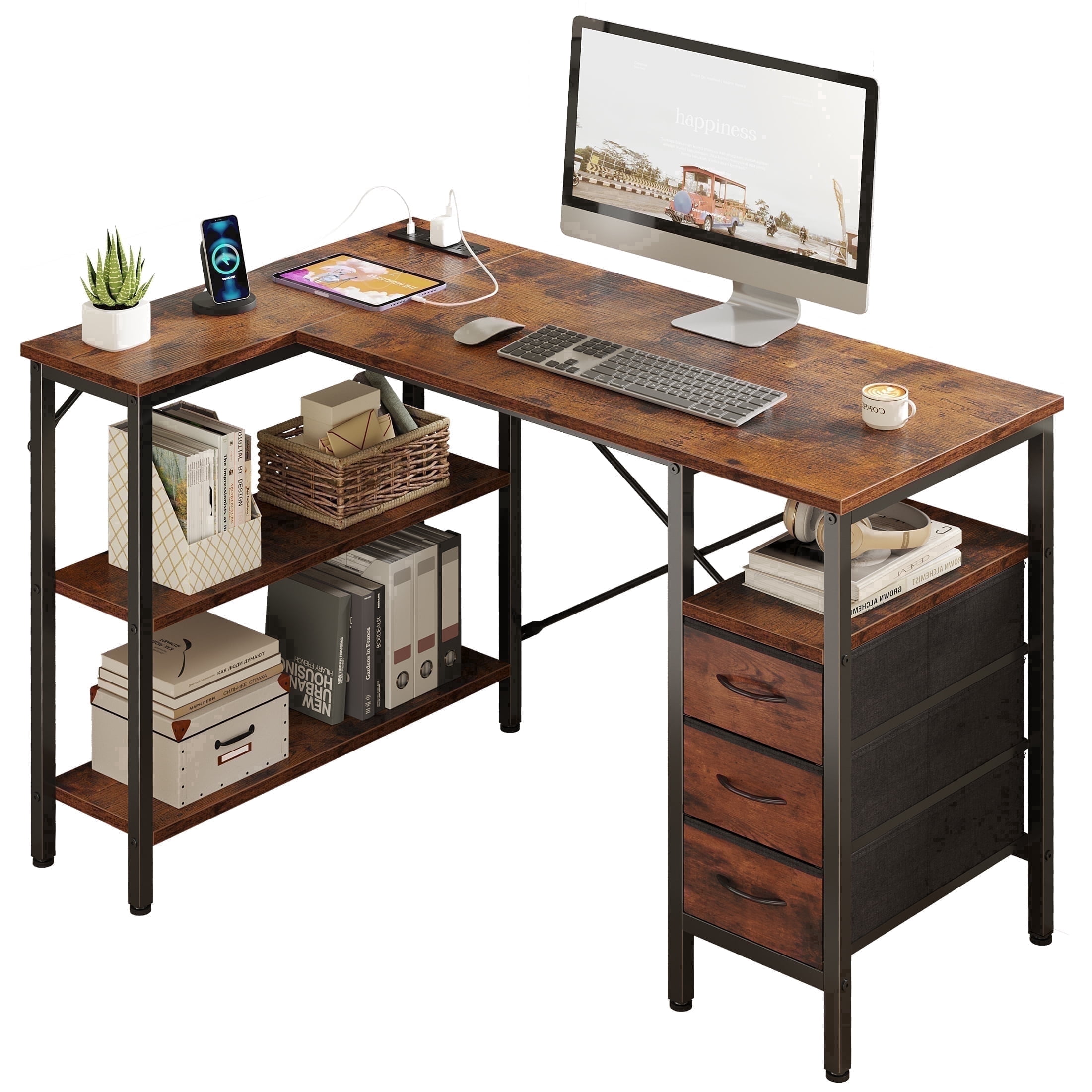 edx 47 Inch L Shaped Desk with Power Outlets, Computer Desk with 3 Drawers, Shelves, Monitor Stand, Corner Work, Rust Brown