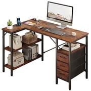 edx 47 Inch L Shaped Desk with Power Outlets, Computer Desk with 3 Drawers, Shelves, Monitor Stand, Corner Work, Rust Brown