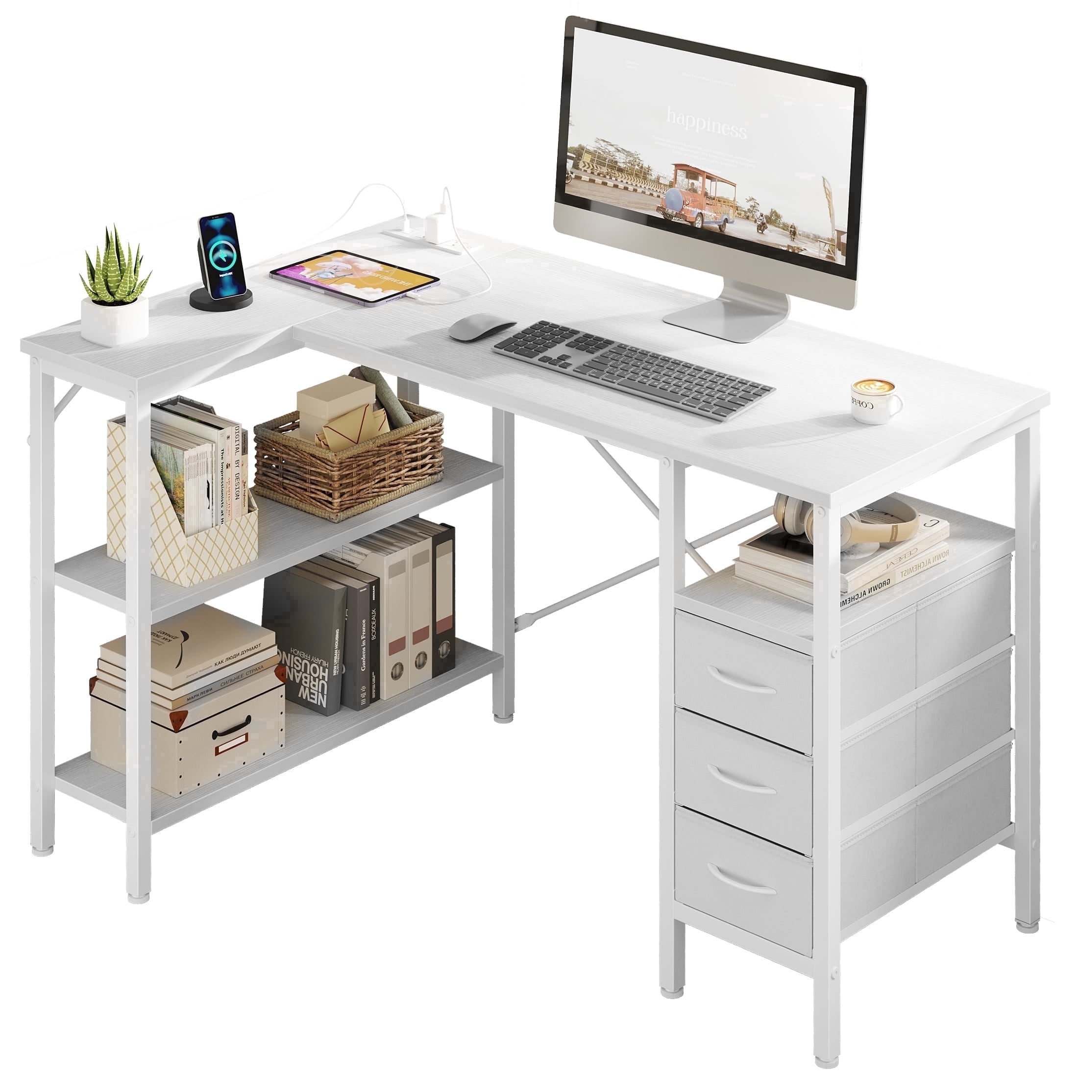 edx 47 Inch L Shaped Desk with Power Outlets, Computer Desk with 3 Drawers, Shelves, Monitor Stand, Corner Work, White