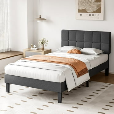edx Twin Size Platform Bed Frame with Upholstered Headboard, No Box Spring Needed, Wood Slats Support, Dark Grey