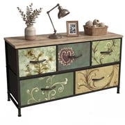 edx Fabric Dresser with 5 Drawers, Retro Flower Design, Chest of Drawers with Sturdy Steel Frame, Wood Top for Bedroom, Living Room, Hallway