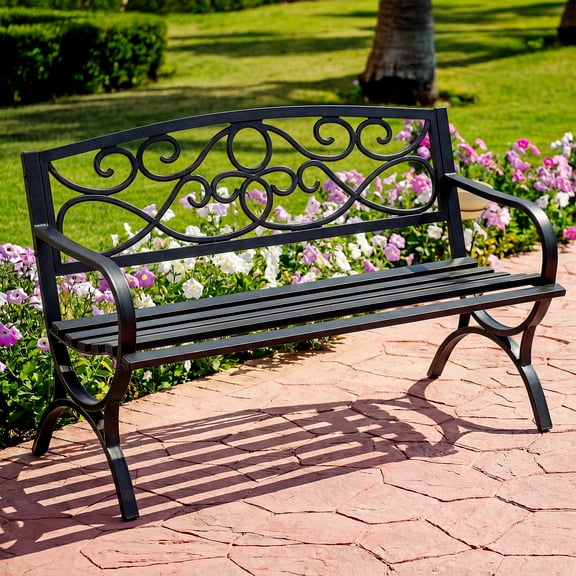 edx Outdoor Park Bench, Metal Frame Freestanding with Floral Pattern Backrest for Patio, Garden, Black