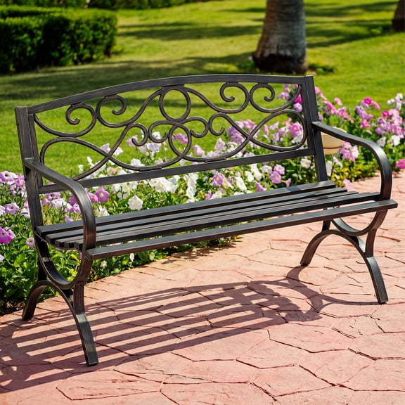 edx Outdoor Park Bench, Metal Frame Freestanding with Floral Pattern Backrest for Patio, Garden, Bronze