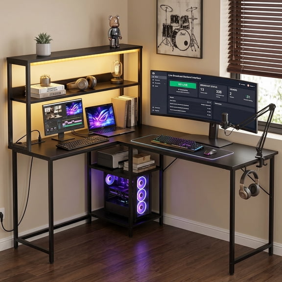 edx L Shaped Computer Desk with Power Outlet & RGB, 53 Inch Corner Desk with 3 AC Outlets, USB and Type-C Ports, Gaming Desk Workstation with Storage Shelf for for Home Office and Study, Black